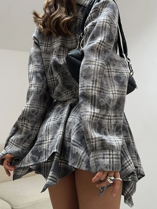 Damen lässiges Karo-Shirtkleid mit Hemdkragen und asymmetrischem Schnitt EB