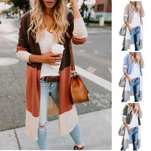 Damen lässiger Strickcardigan mit modernen Farbblockdetails und langen Ärmeln EB