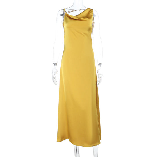 Damen Maxikleid mit schickem Wasserfallausschnitt und fließendem Satin-Stoff EB