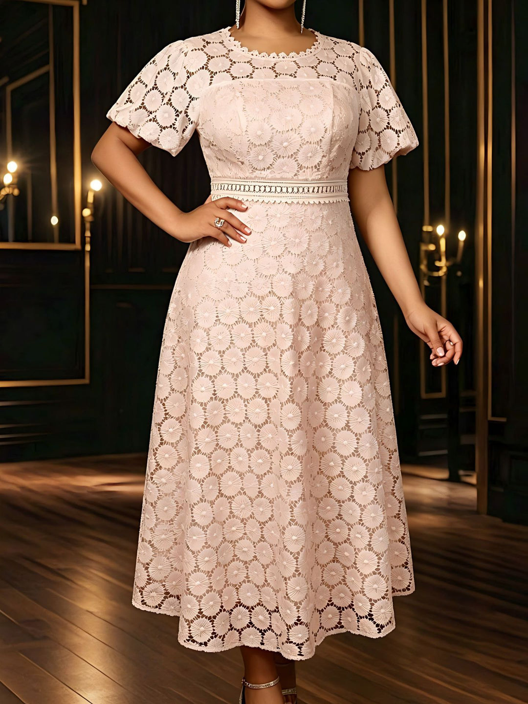 Damen Midi-Kleid mit eleganter Spitzenapplikation und Puffärmeln EB