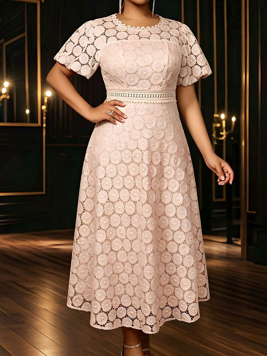 Damen Midi-Kleid mit eleganter Spitzenapplikation und Puffärmeln EB