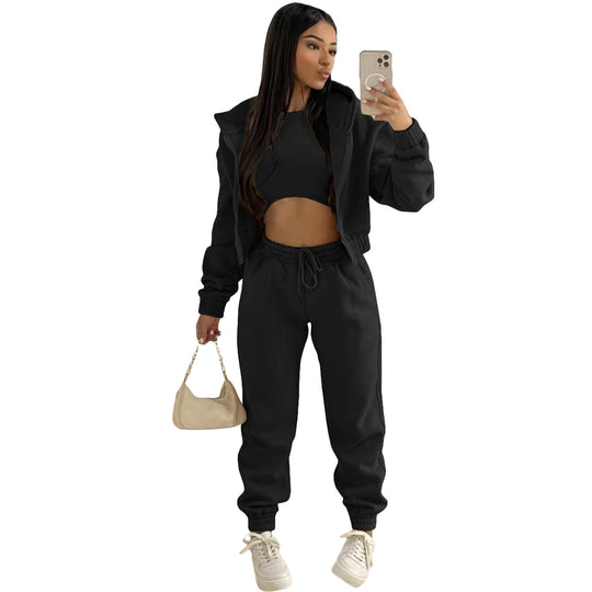 Damen stylischer Sportanzug mit lässiger Kapuzenjacke und elastischen Bundelementen EB