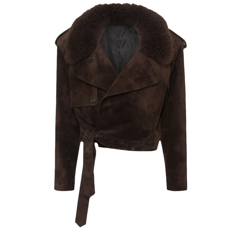 Damen Modische Wildlederjacke mit kuscheligem Kragen EB