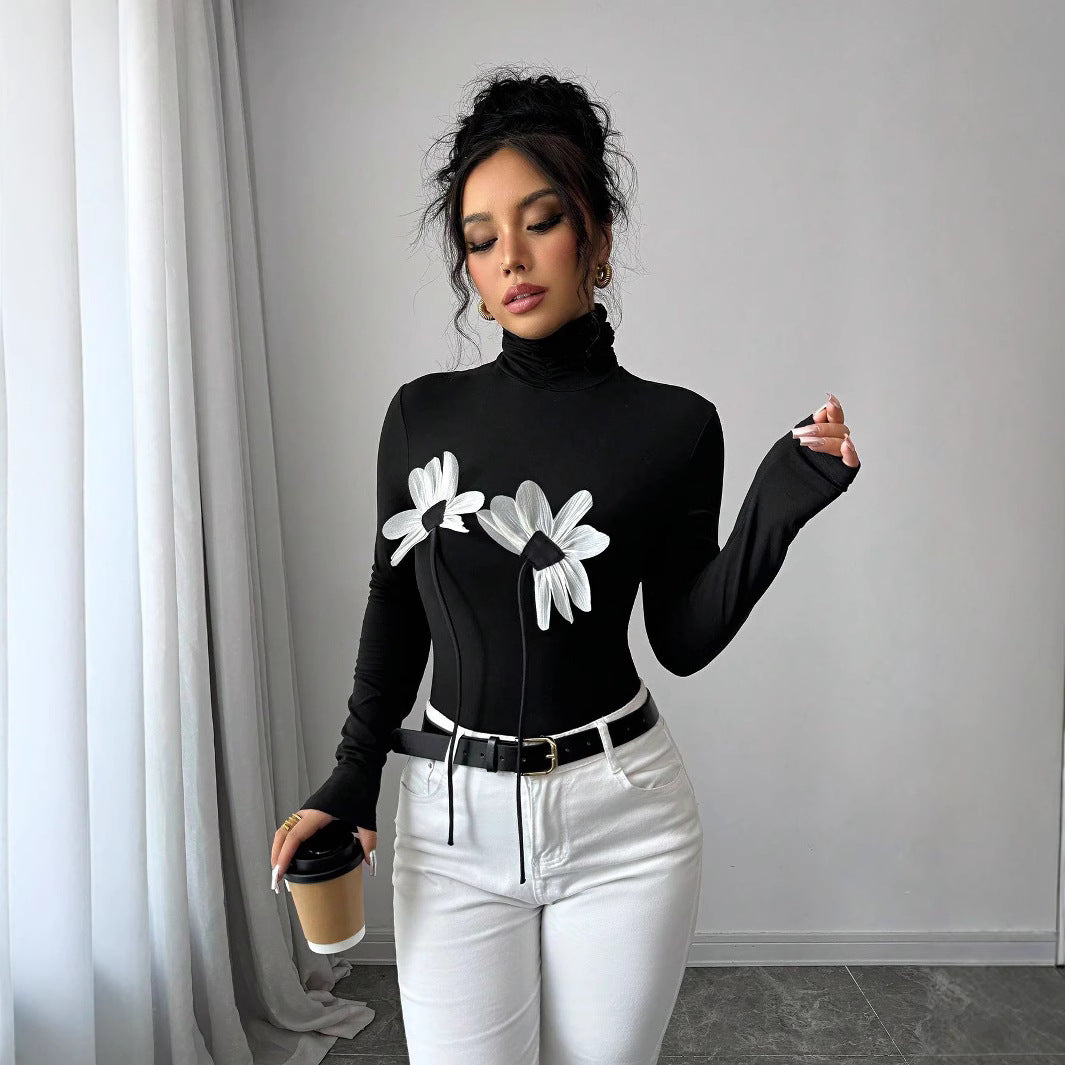 Damen Langarm-Bodysuit mit floralem Schnitt und hohem Kragen EB
