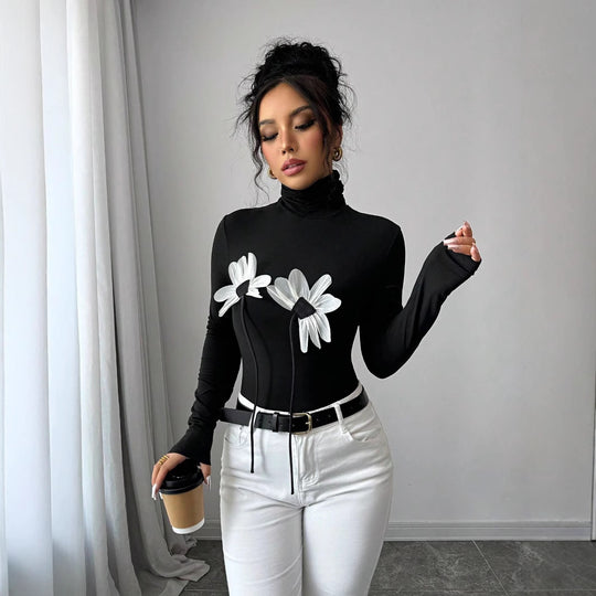 Damen Langarm-Bodysuit mit floralem Schnitt und hohem Kragen EB