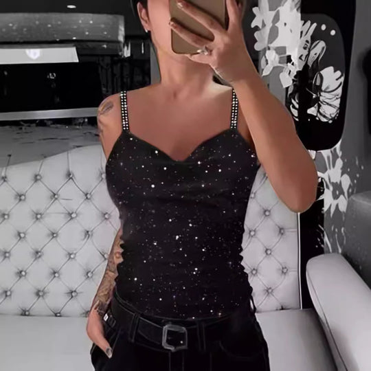 Damen Elegante Spaghetti-Träger Top mit Glitzer-Details EB