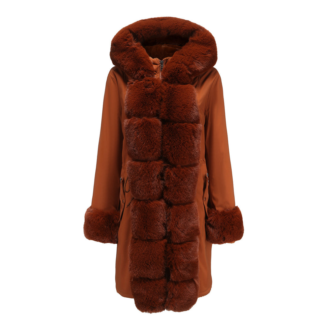 Damen modische Lange Jacke mit Kunstfellbesatz EB