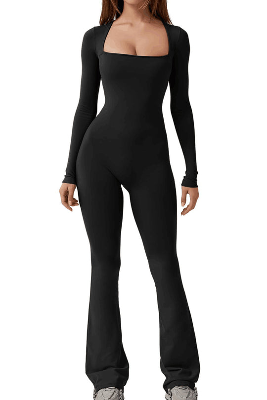 Damen Eleganter Langarm-Jumpsuit mit weitem Bein und tiefem Ausschnitt EB