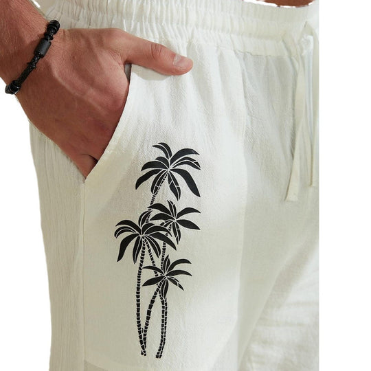 Herren Bequeme Leinenhose mit praktischem Kordelzug und Palmendruck EB