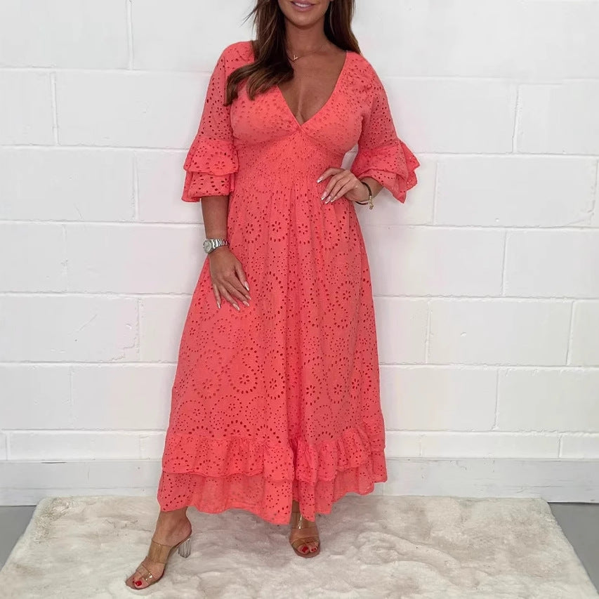 Damen Maxikleid mit floraler Lochstickerei und weiten Ärmeln EB