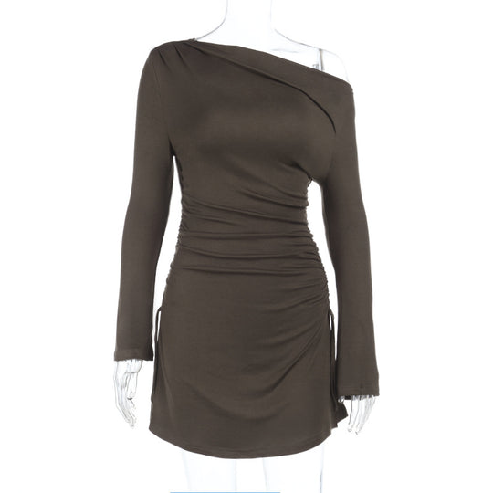 Damen asymmetrisches Minikleid mit Raffungen und elegantem Ausschnitt EB