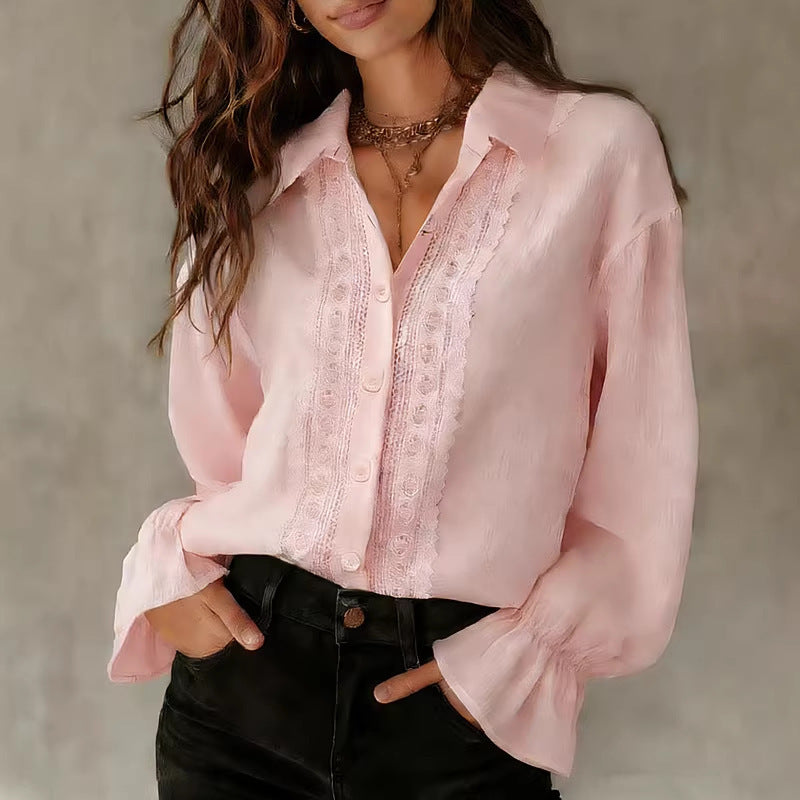 Damen elegante Bluse mit Spitzendetails und Ballonärmeln EB