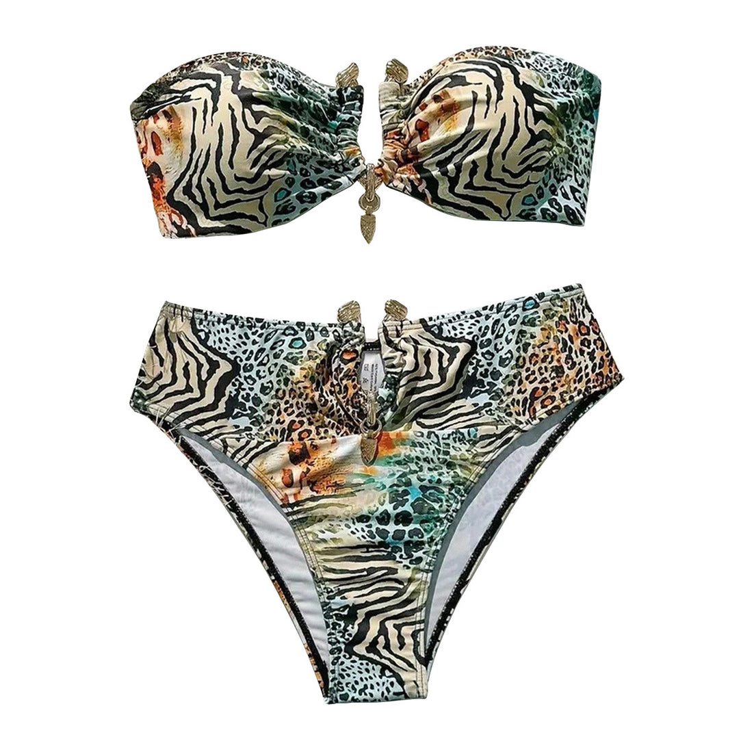 Damen Bandeau-Bikini mit animalischem Muster und dekorativem Verschluss EB