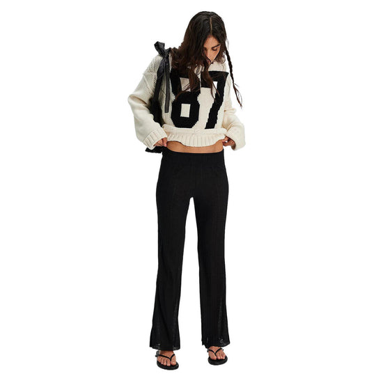 Damen Oversize Grobstrick-Pullover mit sportivem Zahlendekor & Zopfstrickdetail EB
