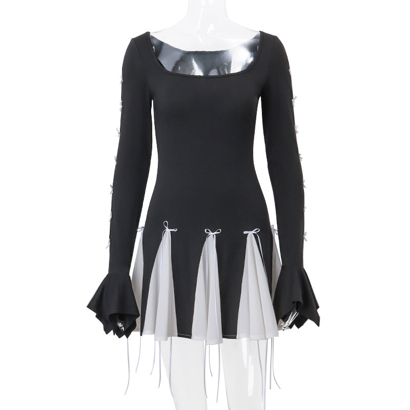 Damen Skaterkleid mit kontrastierenden Rüschendetails und lange Ärmel EB