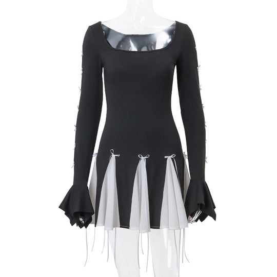 Damen Skaterkleid mit kontrastierenden Rüschendetails und lange Ärmel EB