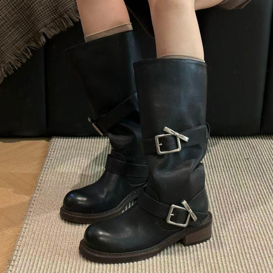 Damen modische Winterstiefel mit praktischen Schnallen und robustem Profil EB