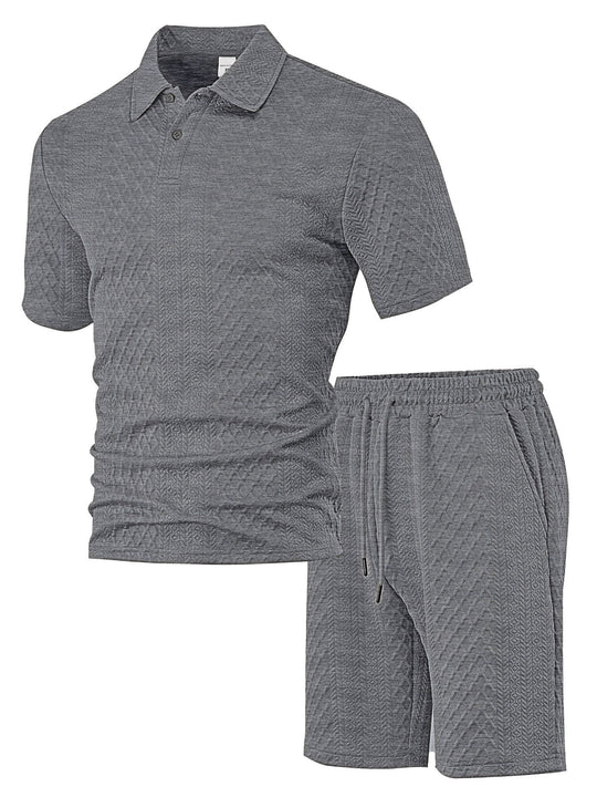Herren nan geprägtes Waffel-Polo mit Kentkragen und elastischer Tunnelzugshorts im Set EB