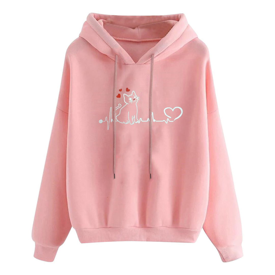 Damen nan leichter Oversize Kapuzenpullover mit Herz‑EKG‑Motiv, langen Kordeln und elastischem Bund EB