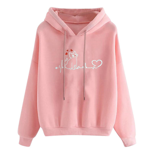 Damen nan leichter Oversize Kapuzenpullover mit Herz‑EKG‑Motiv, langen Kordeln und elastischem Bund EB