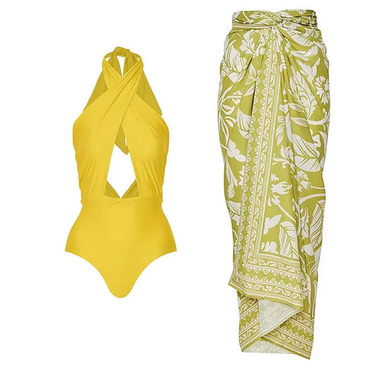 Damen Einteiler Badeanzug mit asymmetrischem Wickeldesign und aufregendem Cut-Out EB