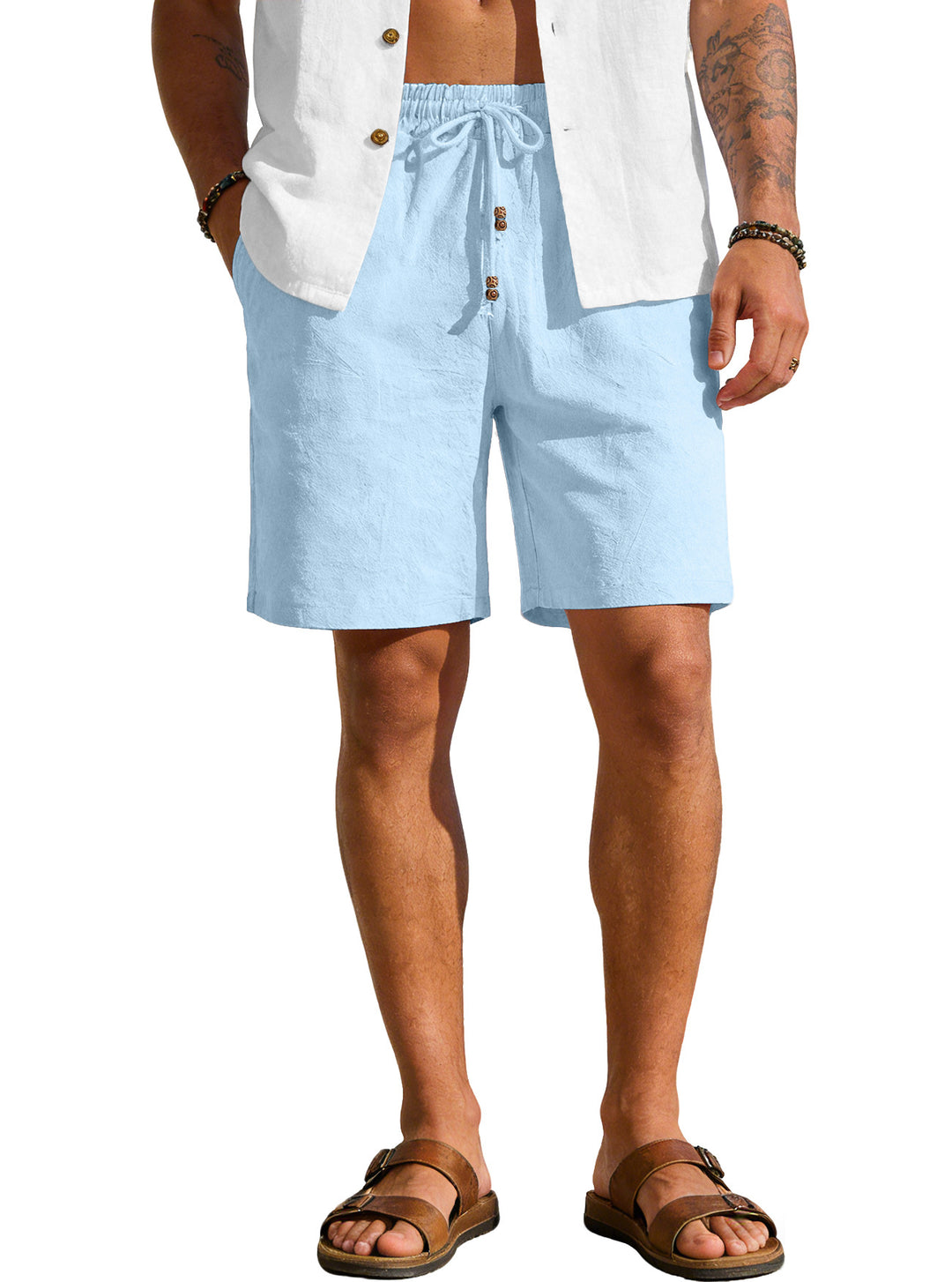 Herren nan leichte Strand-Bermuda aus Leinenmix mit Elastikbund Kordelzug und Zierknopfleiste EB