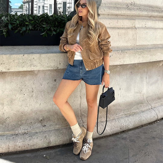 Damen Suede-Jacke im modernen Cropped-Style mit Taschen EB