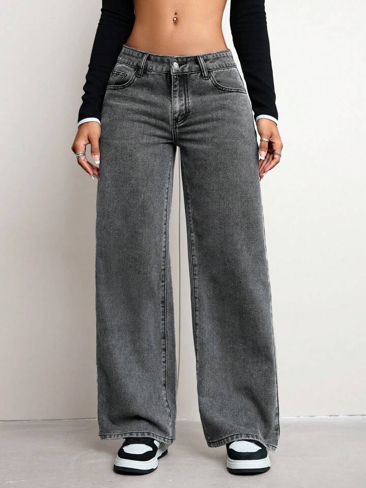 Damen weite Jeanshose mit hohem Bund und lässigem Schnitt EB