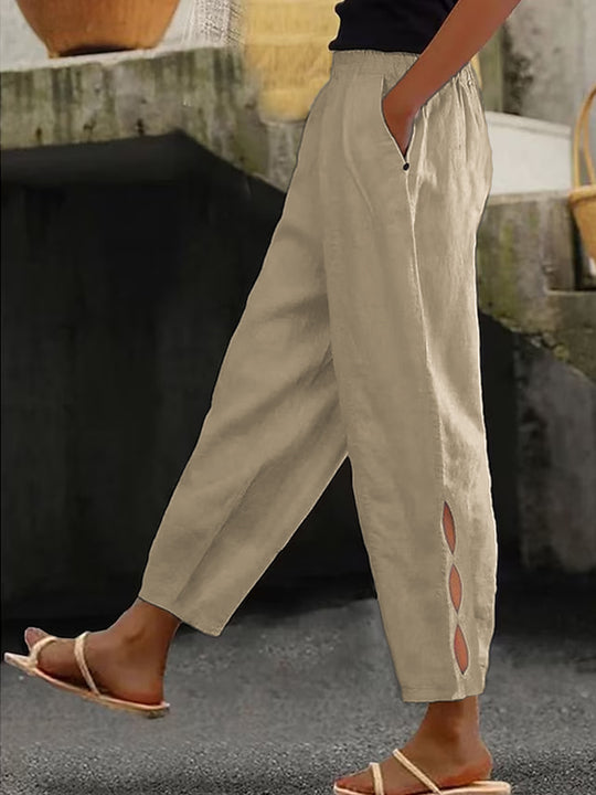 Damen Leichte Leinenhose mit seitlichen Schlitzen und elastischem Bund EB