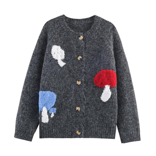 Damen Strickjacke mit bunten Pilzmotiven und bequemen Knopfdetails EB