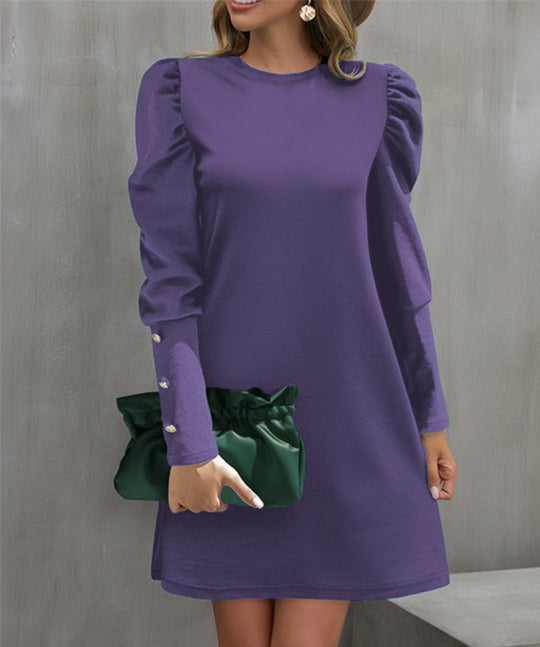 Damen Elegantes A-Linien-Minikleid mit betonten Puffärmeln und Perlenknopf-Ärmelmanschetten EB