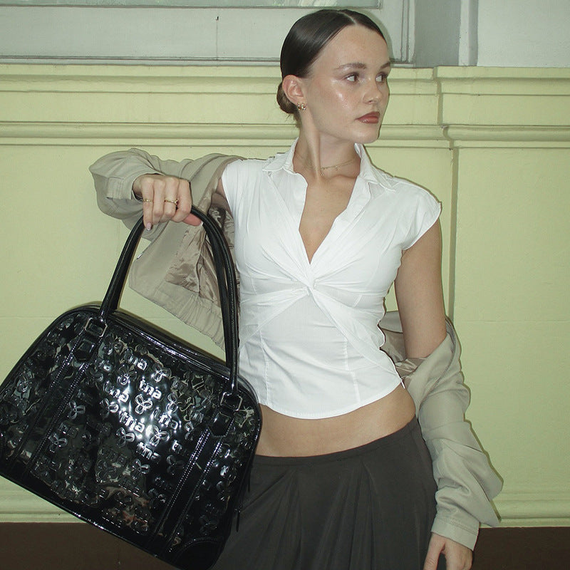 Damen elegante Kurzarmbluse mit knotenförmigem Design EB