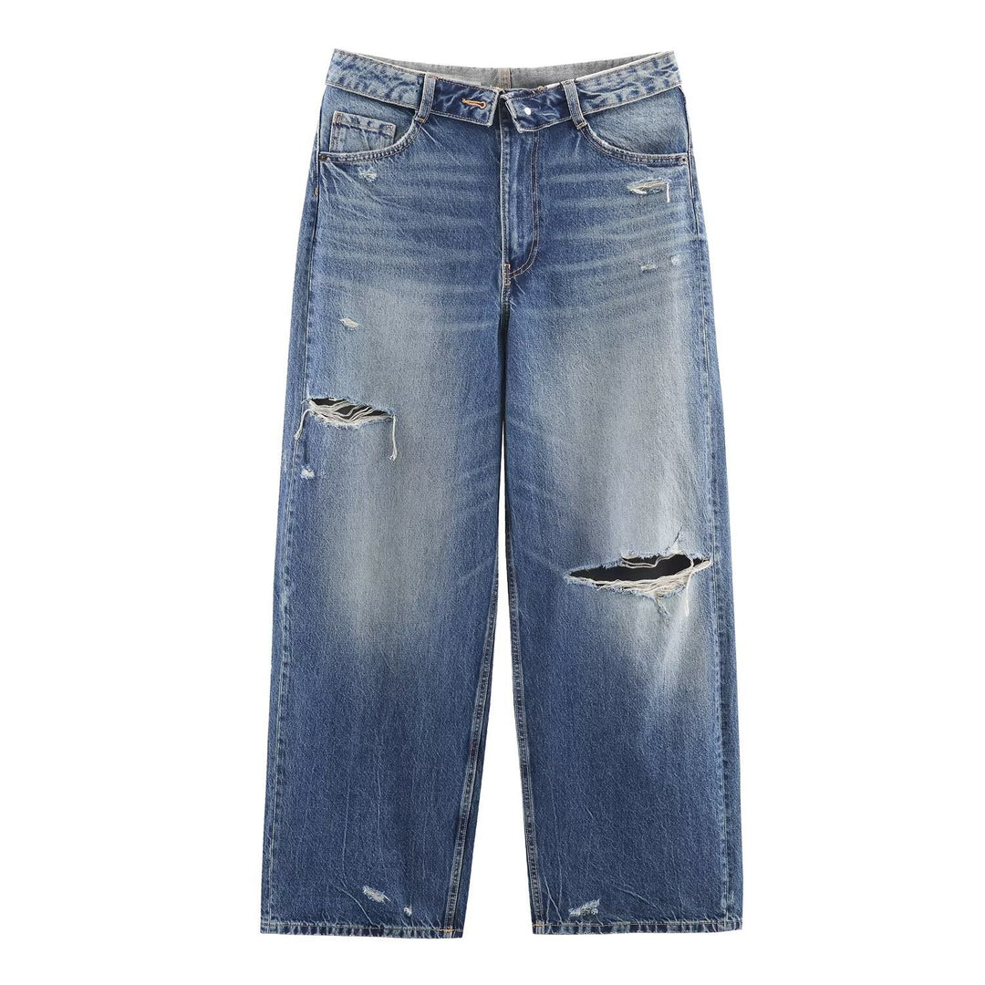 Damen nan weite hochgeschnittene Vintage-Jeans mit Destroyed-Effekten EB