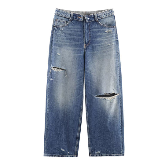 Damen nan weite hochgeschnittene Vintage-Jeans mit Destroyed-Effekten EB