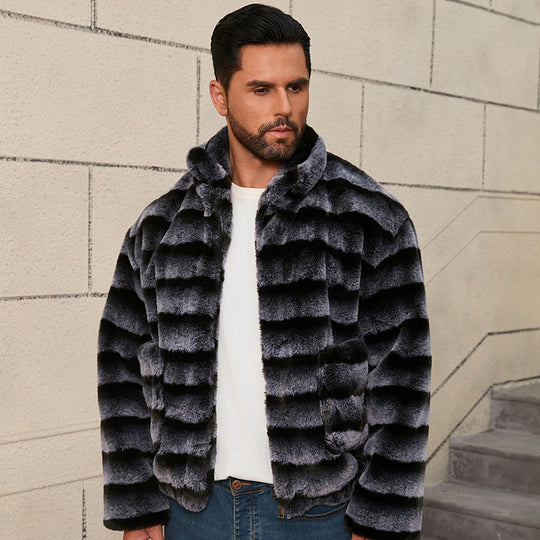 Herren Modische Kunstpelzjacke mit gestreiftem Design EB
