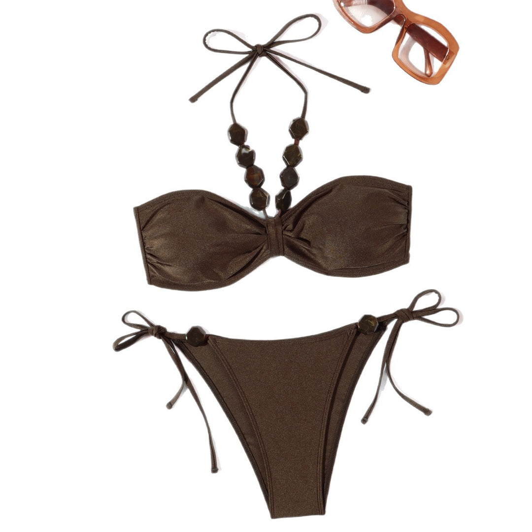 Damen Eleganter Bandeau-Bikini mit dekorativen Perlen EB