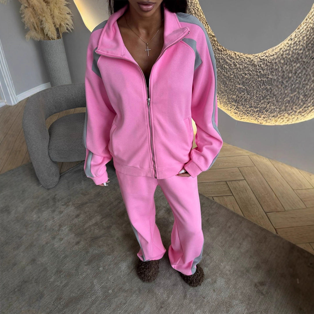 Damen Zweiteiliges Trainingsanzug-Set mit Reißverschlussjacke und weitem Jogginghose EB