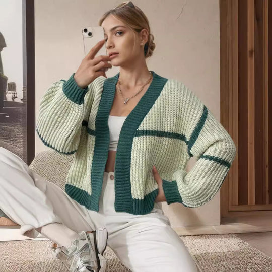 Damen Grobstrickjacke mit voluminösen Ärmeln und modernem Karomuster EB