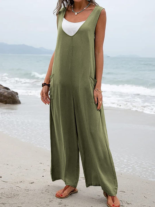 Damen Weit geschnittene Sommer-Jumpsuit mit praktischen Taschen und V-Ausschnitt EB