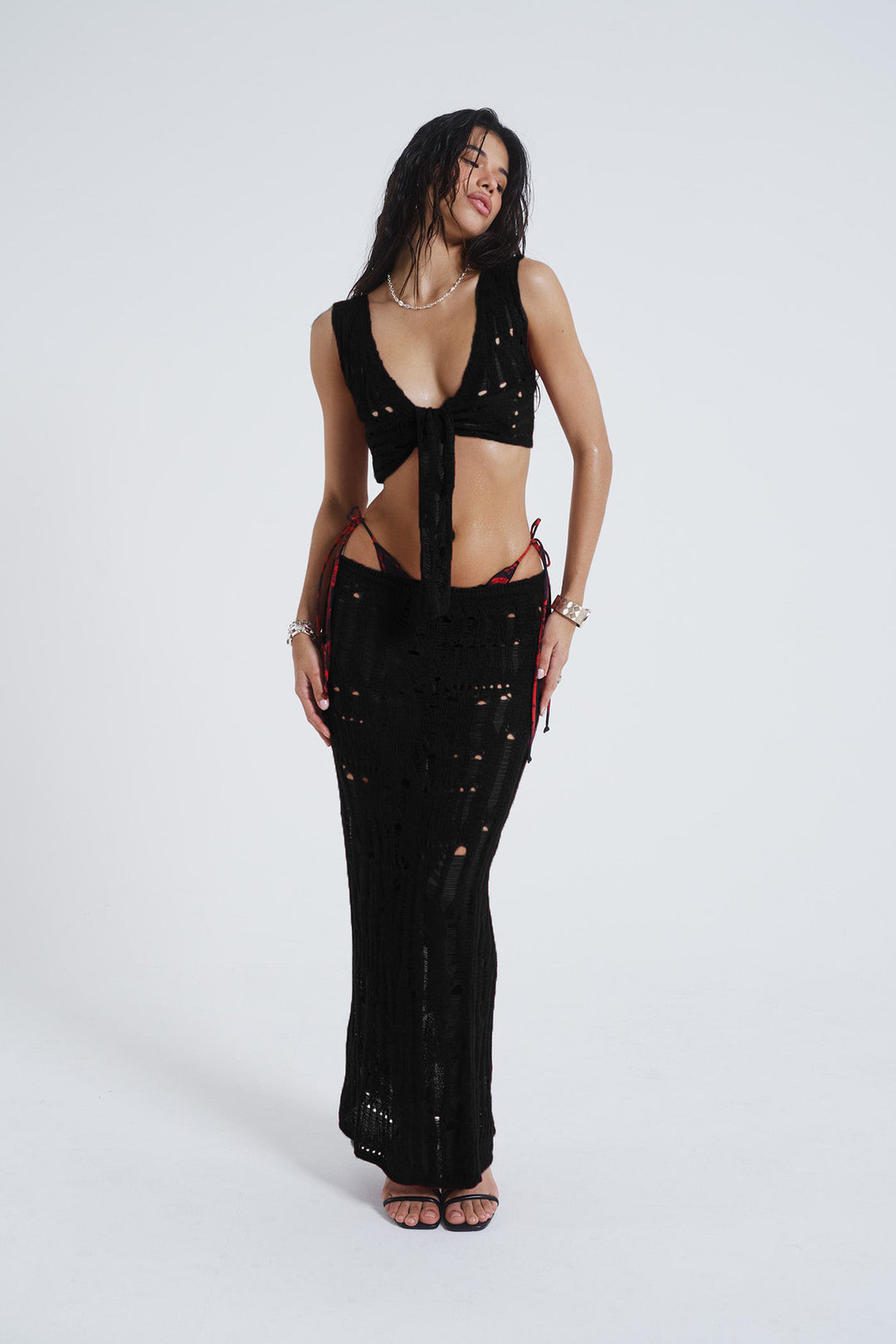 Damen gehäkeltes Strandkleid und Crop-Top Set mit tiefem Ausschnitt EB