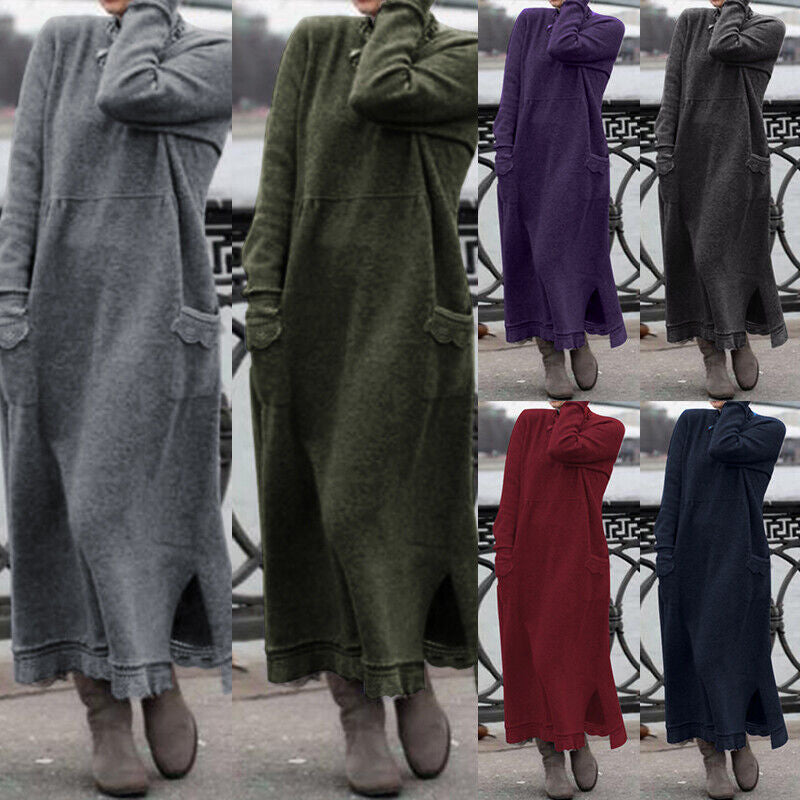 Damen nan langes Strickmaxikleid mit Seitenschlitzen und aufgesetzten Taschen EB