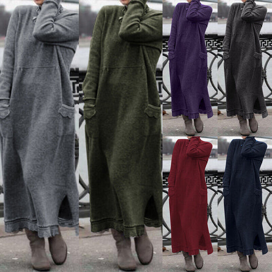 Damen nan langes Strickmaxikleid mit Seitenschlitzen und aufgesetzten Taschen EB