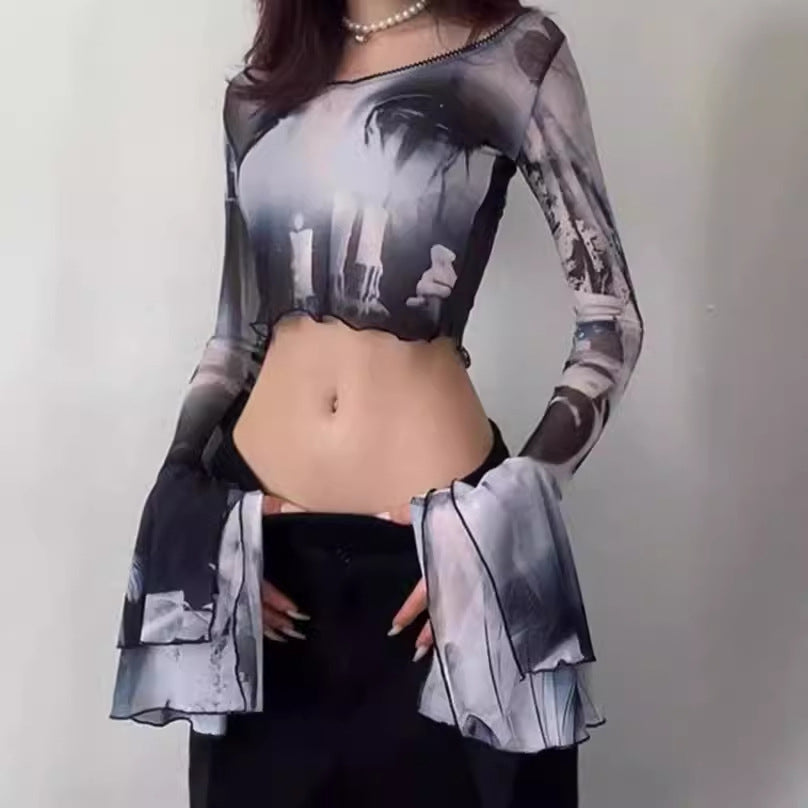 Damen Crop-Top mit transparenten Ärmeln und kunstvollem Druck EB