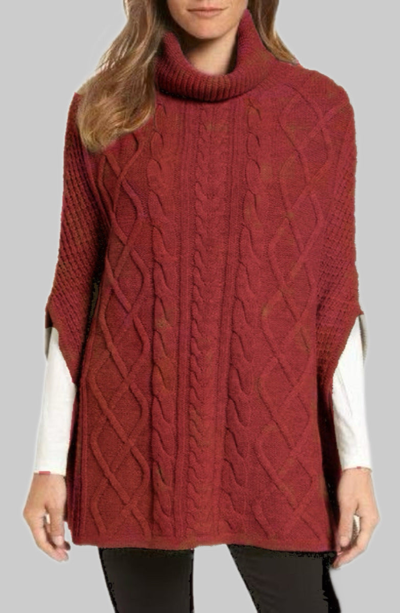 Damen Strickponcho mit hohem Kragen und klassischen Zopfmuster EB