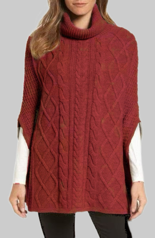 Damen Strickponcho mit hohem Kragen und klassischen Zopfmuster EB