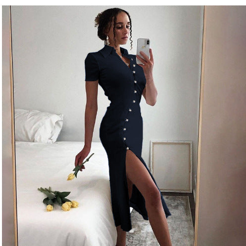 Damen Elegantes Maxikleid mit Knopfverschluss und schickem Schlitz EB