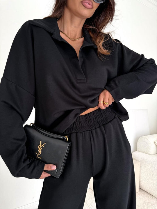 Damen Loungewear-Zweiteiler mit Hemdkragen-Cropped-Sweatshirt und weiter Palazzo-Hose Eichborn Berlin