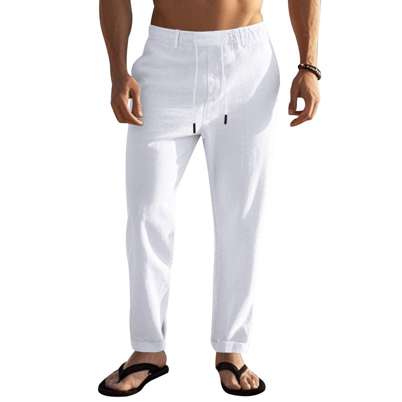 Herren nan leichte Leinen-Loungehose mit elastischem Tunnelzugbund, Kordelzug und weitem Bein EB