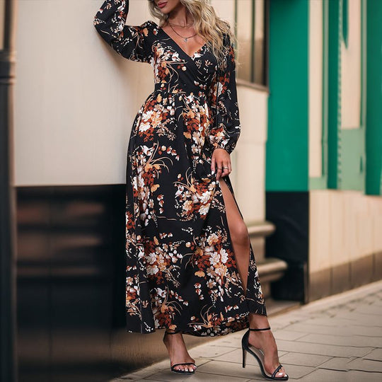 Damen Maxikleid mit floralem Design und seitlichem Schlitz EB