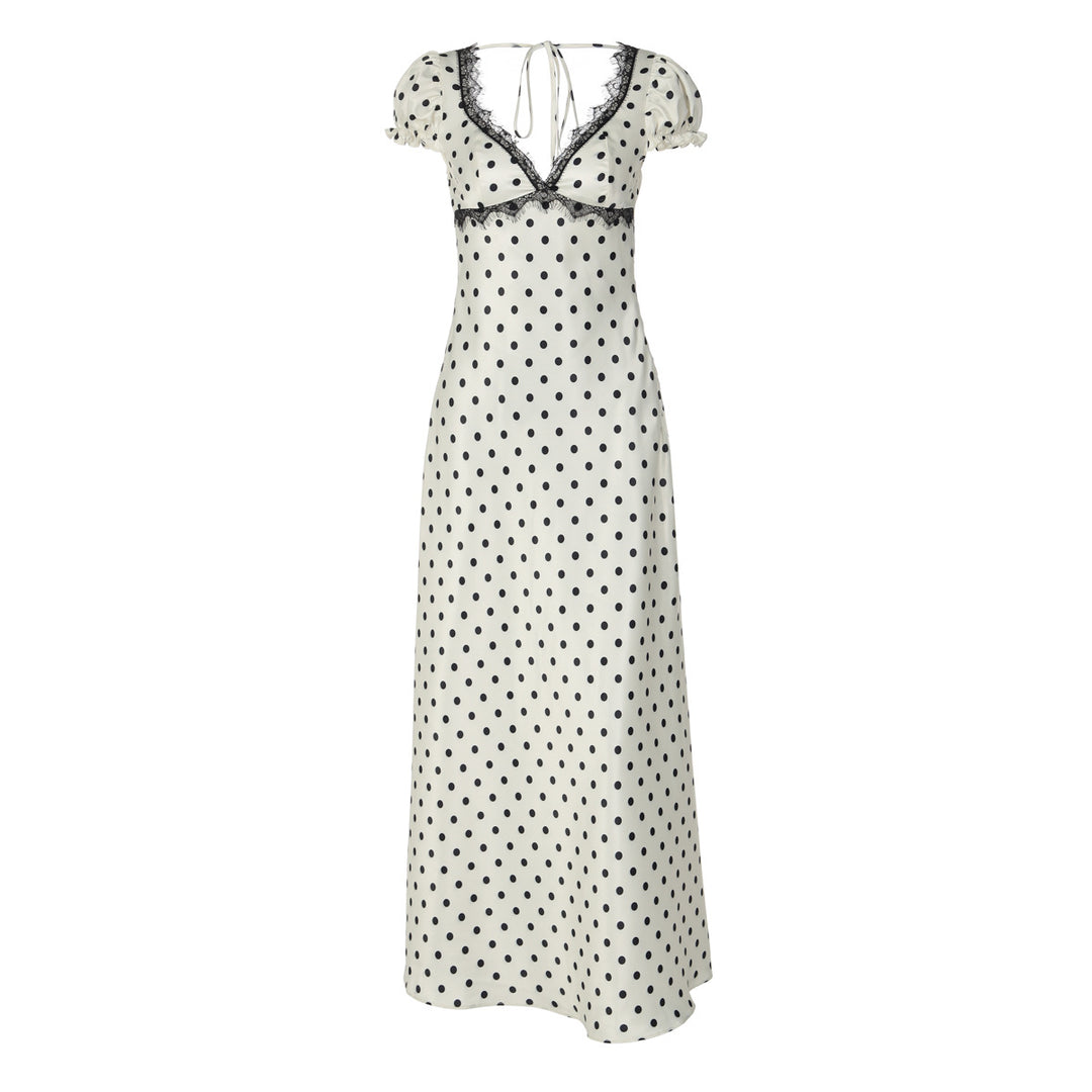 Damen Polka Dot Maxikleid mit eleganten Rüschendetails und nostalgischem Ausschnitt EB
